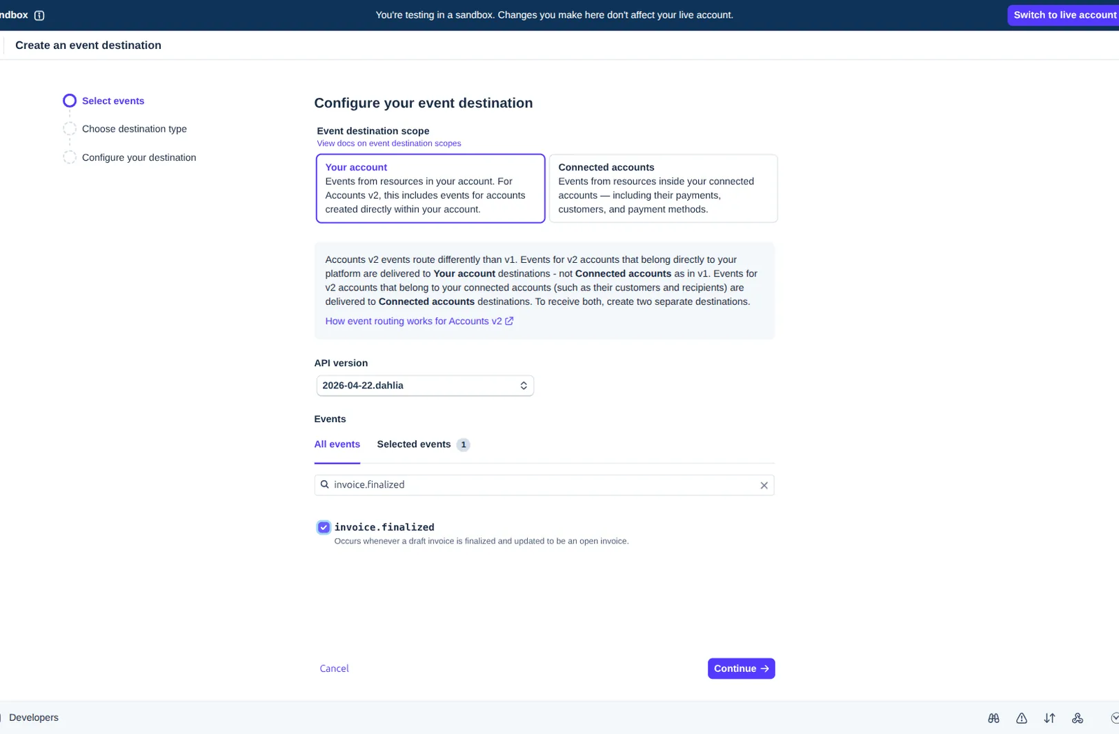 Stripe Dashboard → Create an event destination: the event picker filtered to invoice.finalized with its checkbox selected (Selected events: 1).