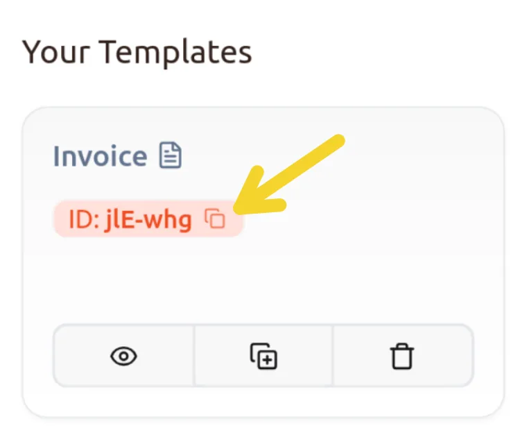 Template card on the dashboard's Templates page, with an arrow pointing at the template's short ID and its copy icon