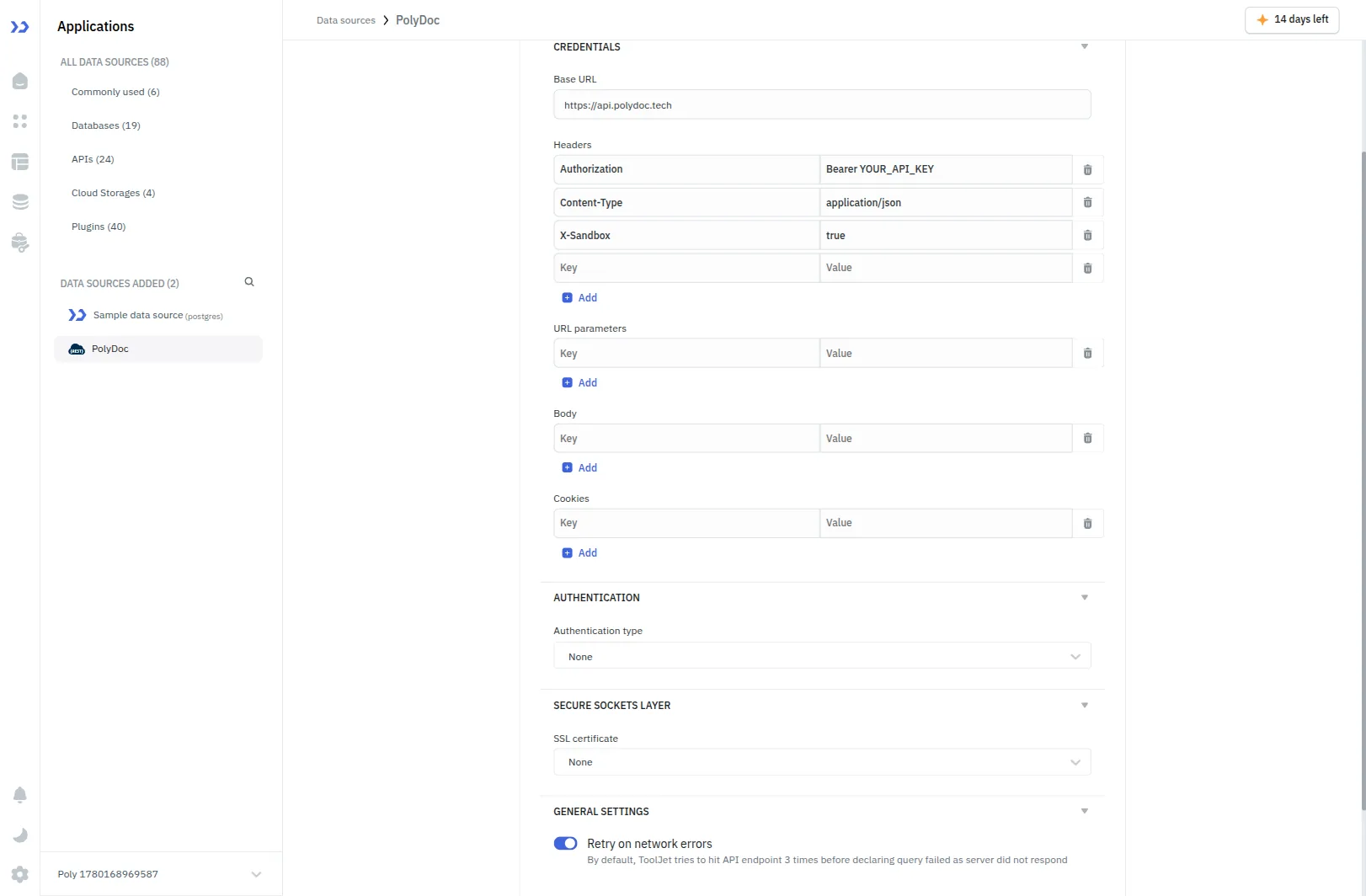ToolJet workspace Data sources → PolyDoc REST API datasource with Base URL https://api.polydoc.tech and three Headers rows: Authorization=Bearer YOUR_API_KEY (redacted), Content-Type=application/json, X-Sandbox=true