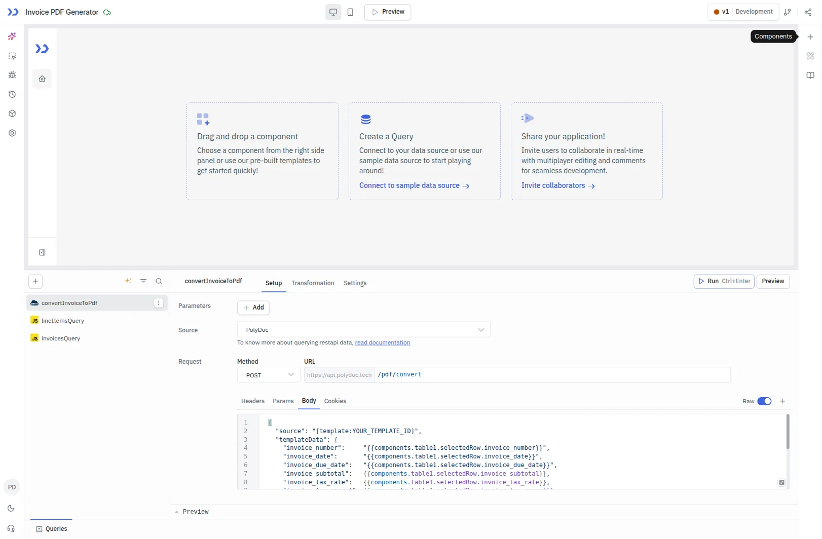 ToolJet query editor for convertInvoiceToPdf — POST method, /pdf/convert URL against the PolyDoc workspace datasource, Body tab with Raw JSON toggled on and the first lines of the canonical templateData body visible: source as the [template:YOUR_TEMPLATE_ID] string, templateData wrapper, quoted text bindings (invoice_number/date/due_date), and unquoted numeric bindings (invoice_subtotal/tax_rate)