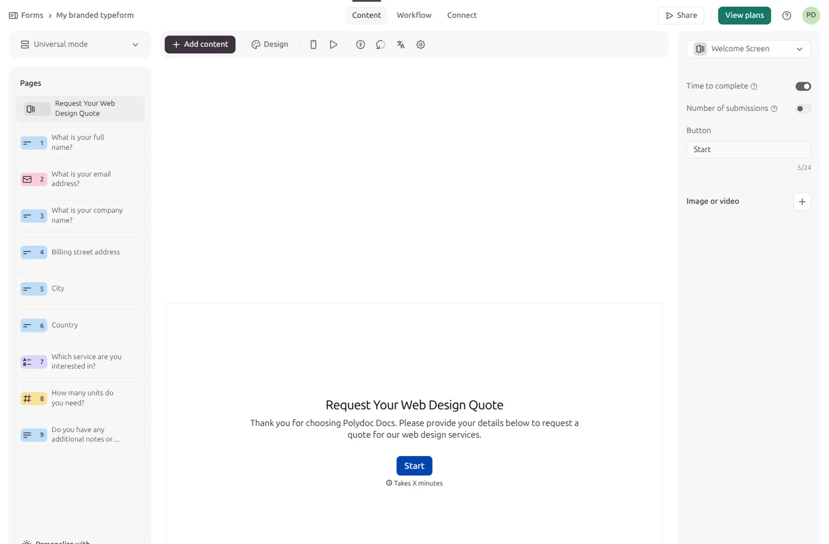 Typeform form builder showing the Request Your Web Design Quote form with its fields: full name, email, company name, billing street address, city, country, service, units, and notes.