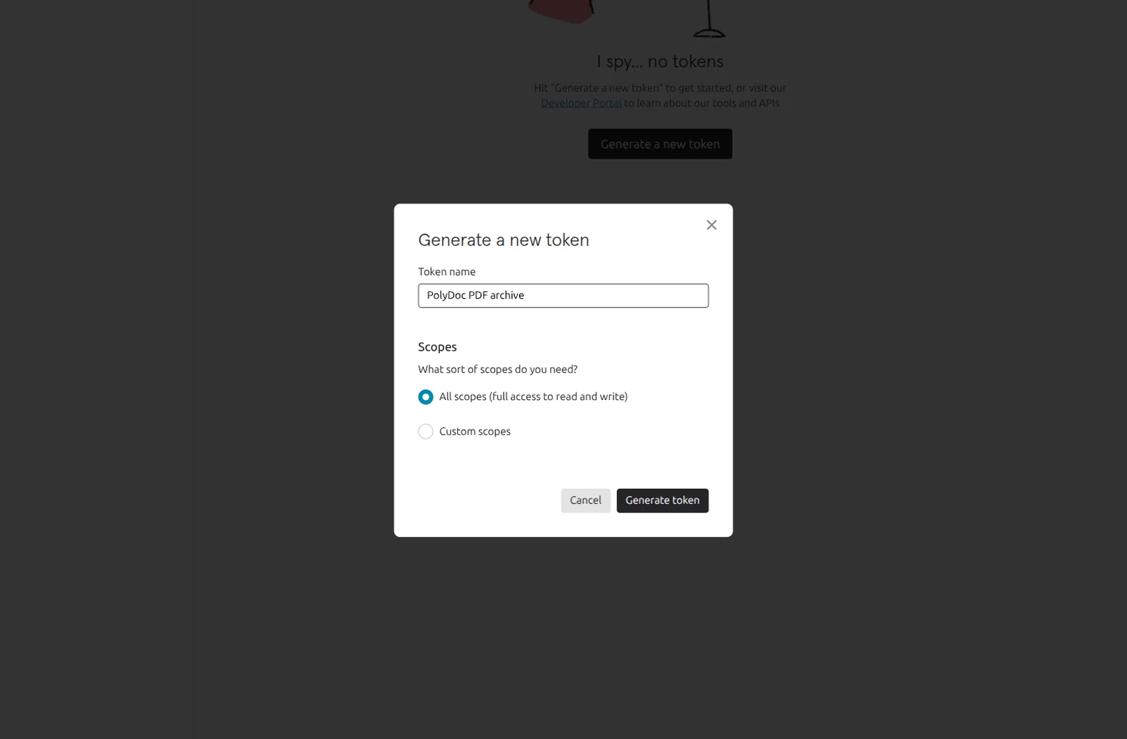 Typeform Account settings, Personal tokens, Generate a new token dialog with a token name and scope selection.