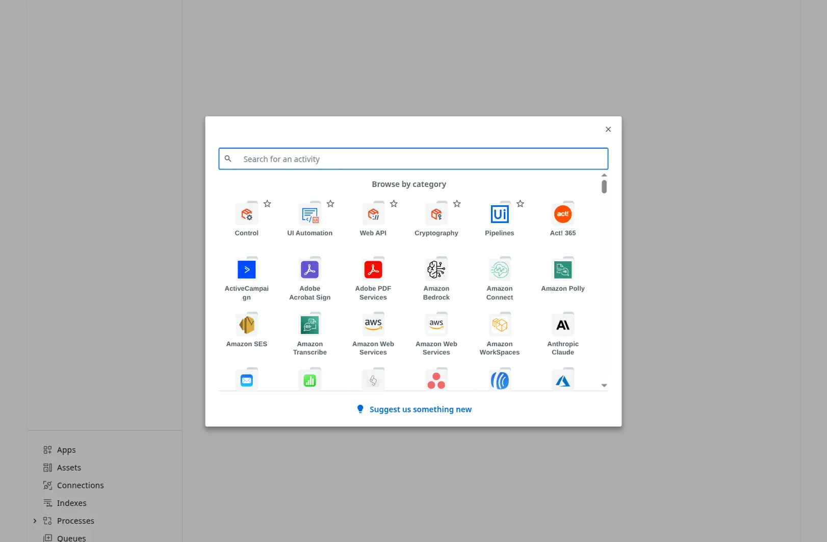 Studio Web activity picker showing the built-in categories — Control, UI Automation, Web API, Cryptography — plus connector-specific packages.
