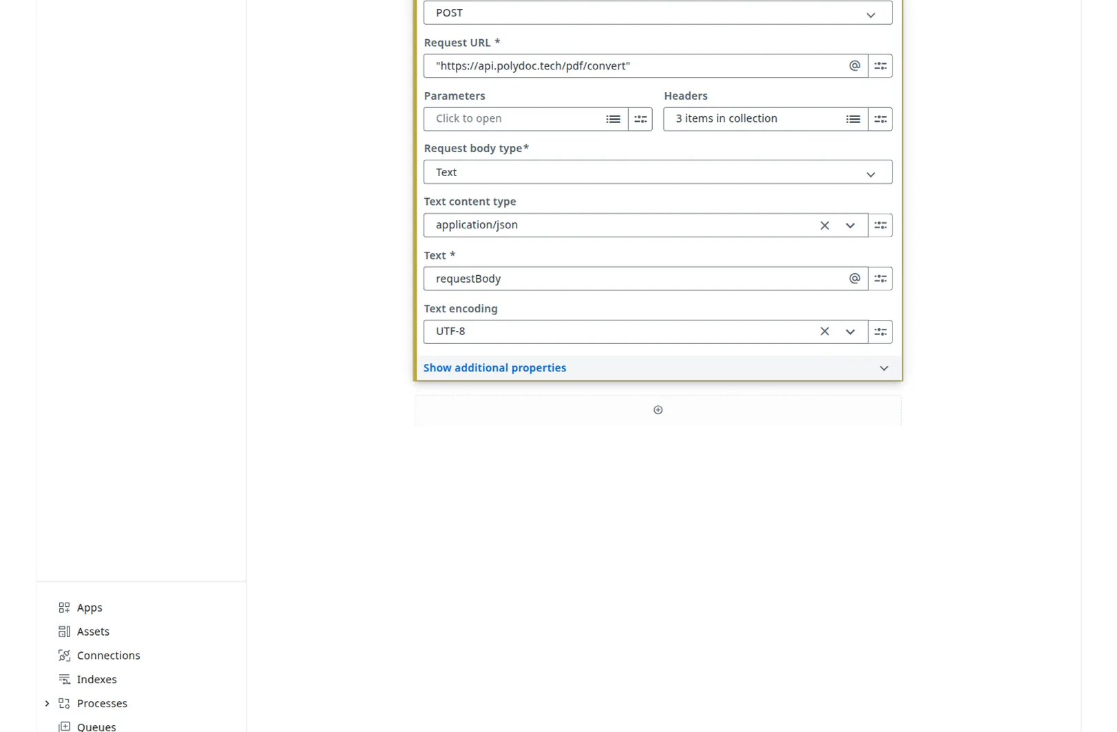 HTTP Request activity in Studio Web configured with POST, https://api.polydoc.tech/pdf/convert, Text body type, application/json content type, and a requestBody variable as the body source.