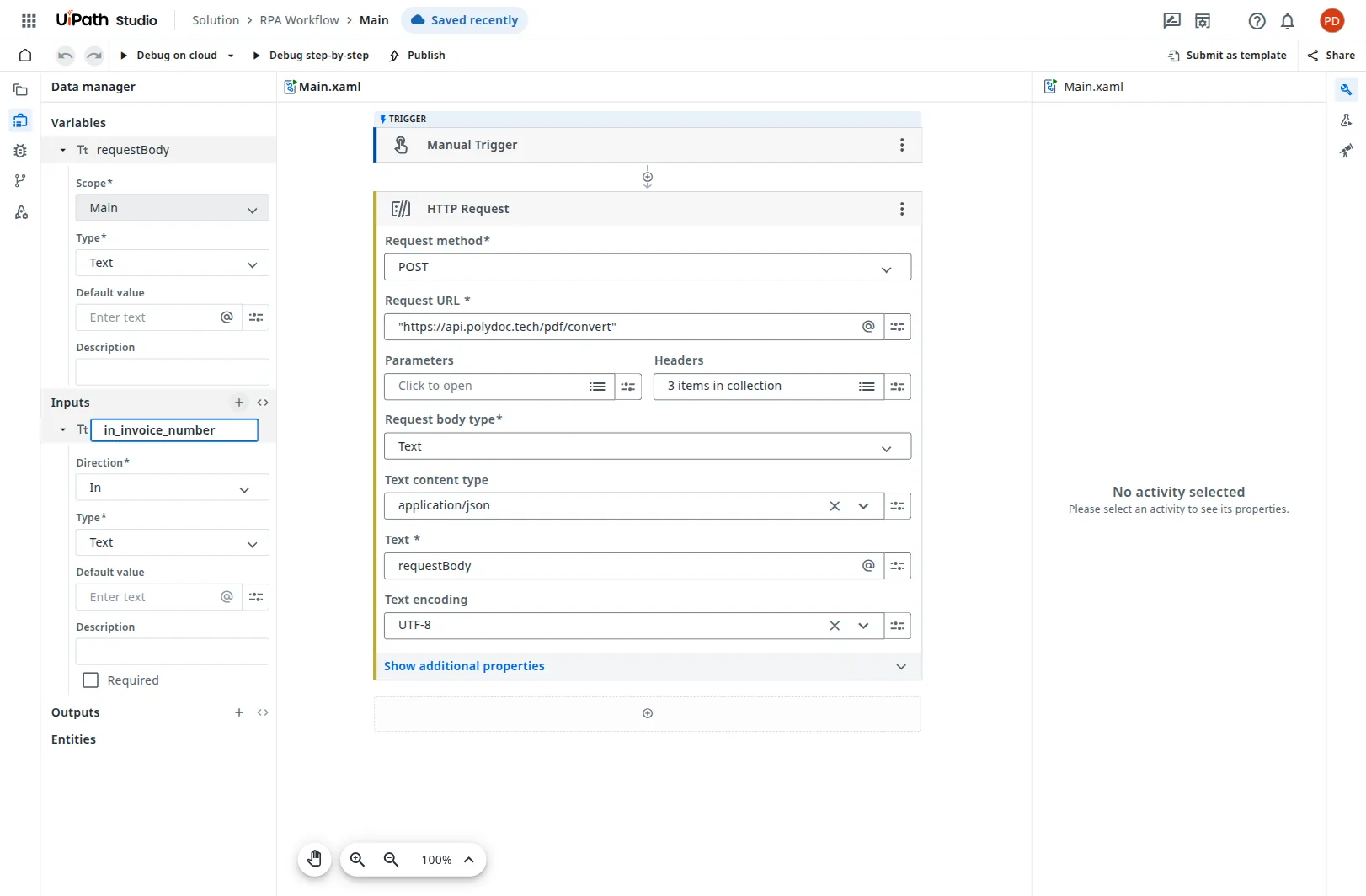 Studio Web Data manager showing a Variables / Inputs / Outputs / Entities tree, with a requestBody variable and an in_invoice_number input expanded into its Direction / Type / Default value / Description / Required form.