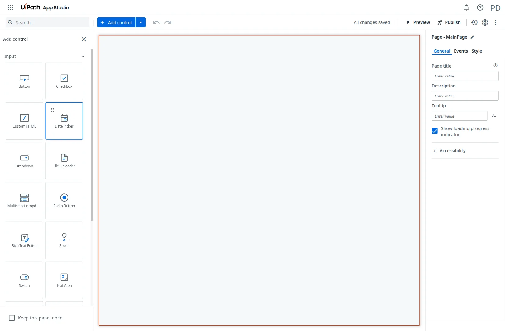 UiPath App Studio with the Add control / Input picker open, showing Button, Checkbox, Custom HTML, Date Picker, Dropdown, File Uploader, Multiselect dropdown, Radio Button, Rich Text Editor, Slider, Switch, Text Area — drag any of these onto the empty MainPage canvas.
