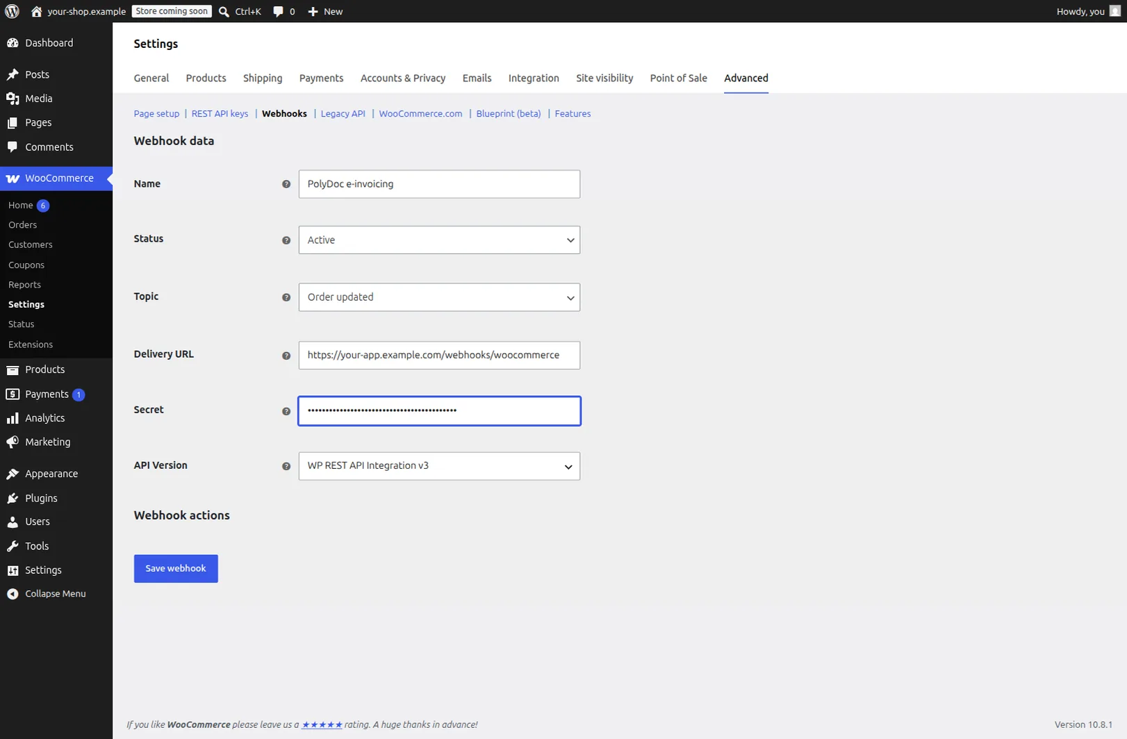 WooCommerce wp-admin: Settings → Advanced → Webhooks → Add webhook, with topic 'Order updated', Delivery URL, and a Secret field for the HMAC.