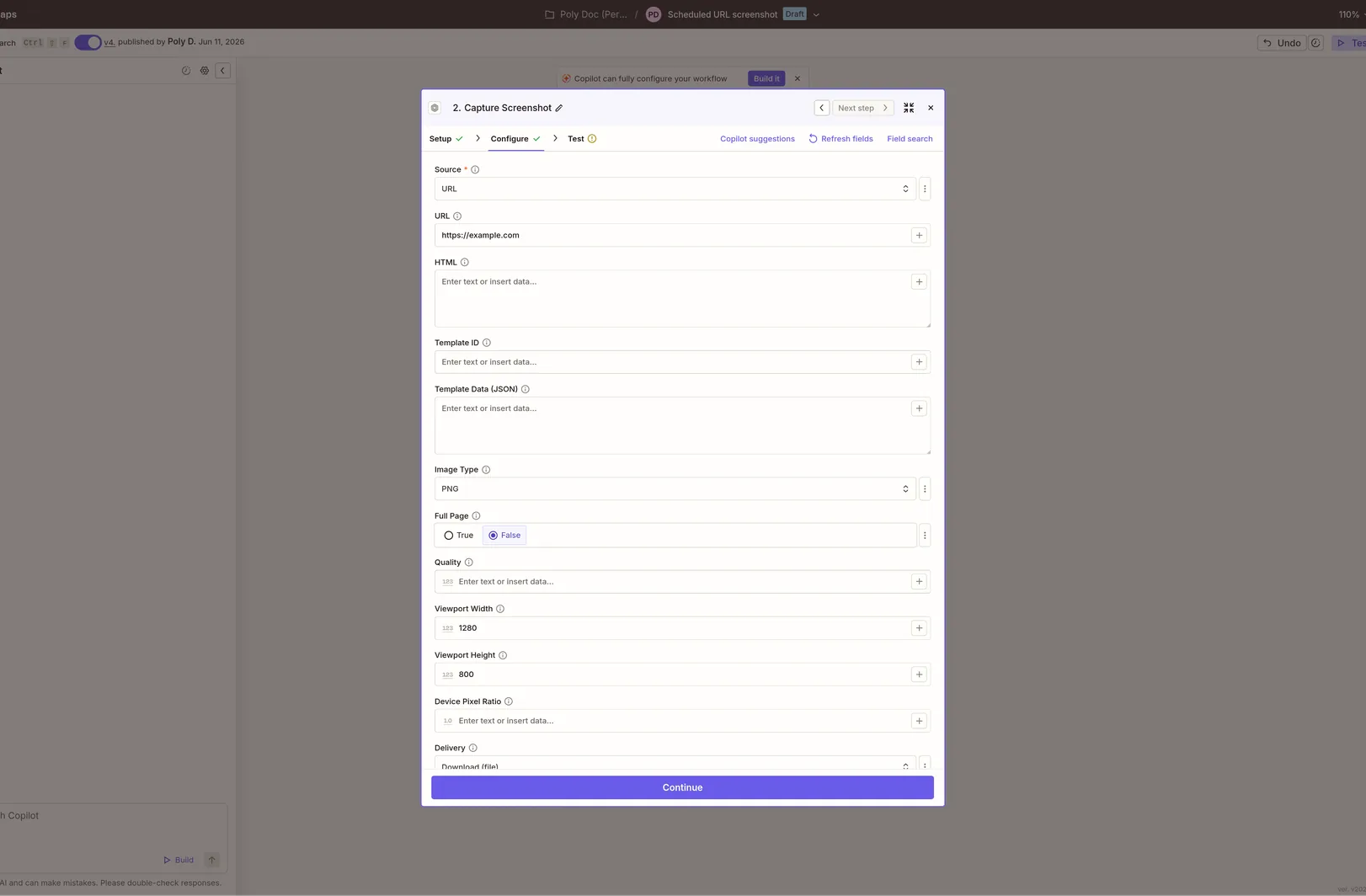 Zapier PolyDoc Capture Screenshot action Configure tab with Source set to URL and image options