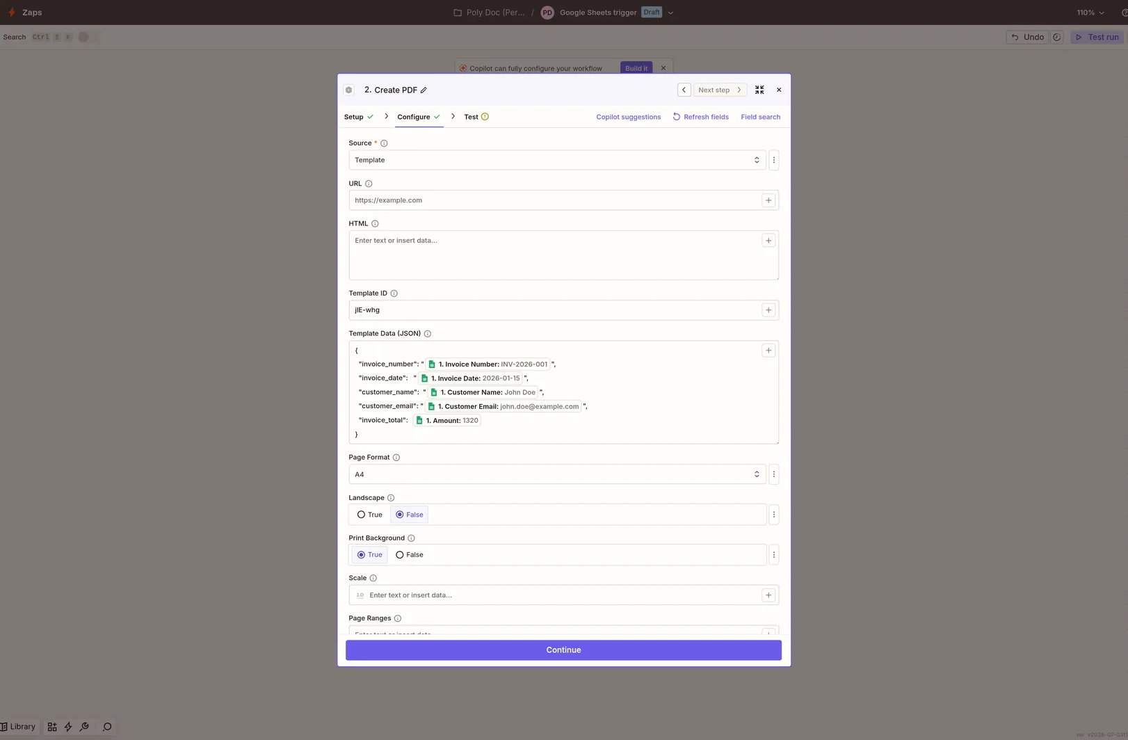 Zapier PolyDoc Create PDF action Configure tab with Source set to Template and Template Data mapped from the spreadsheet columns