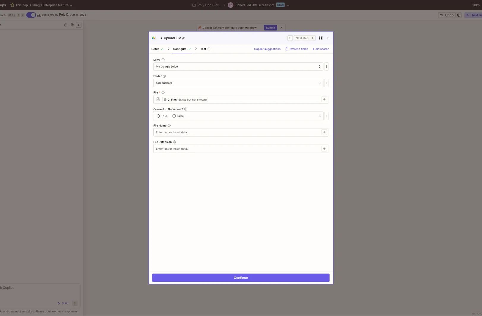 Zapier Google Drive Upload File action with the File field bound to the PolyDoc screenshot output