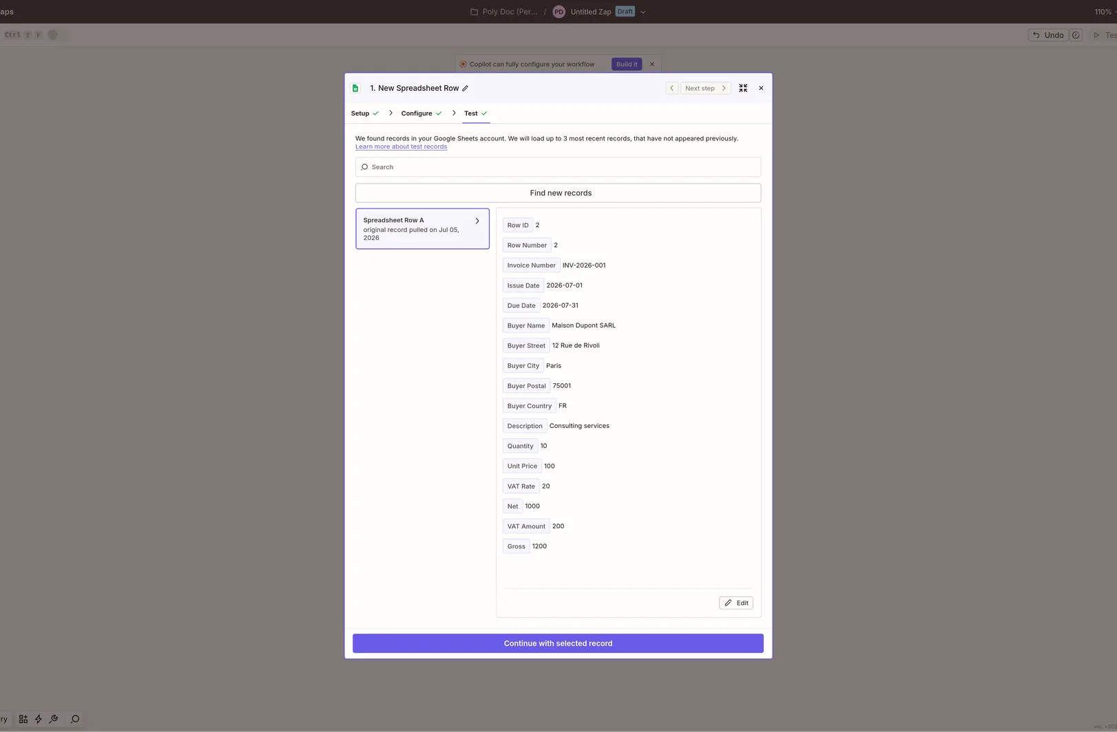 Zapier Google Sheets New Spreadsheet Row trigger Test tab showing a sample invoice row with the buyer, line item, and reconciled totals pulled from the sheet