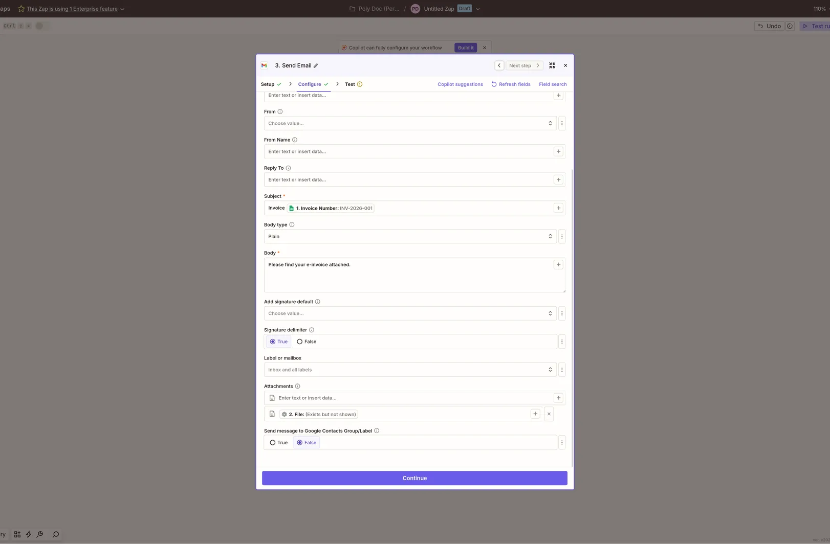 Zapier Gmail Send Email Configure tab with the Subject mapped to Invoice Number and the Attachments field bound to the PolyDoc File output