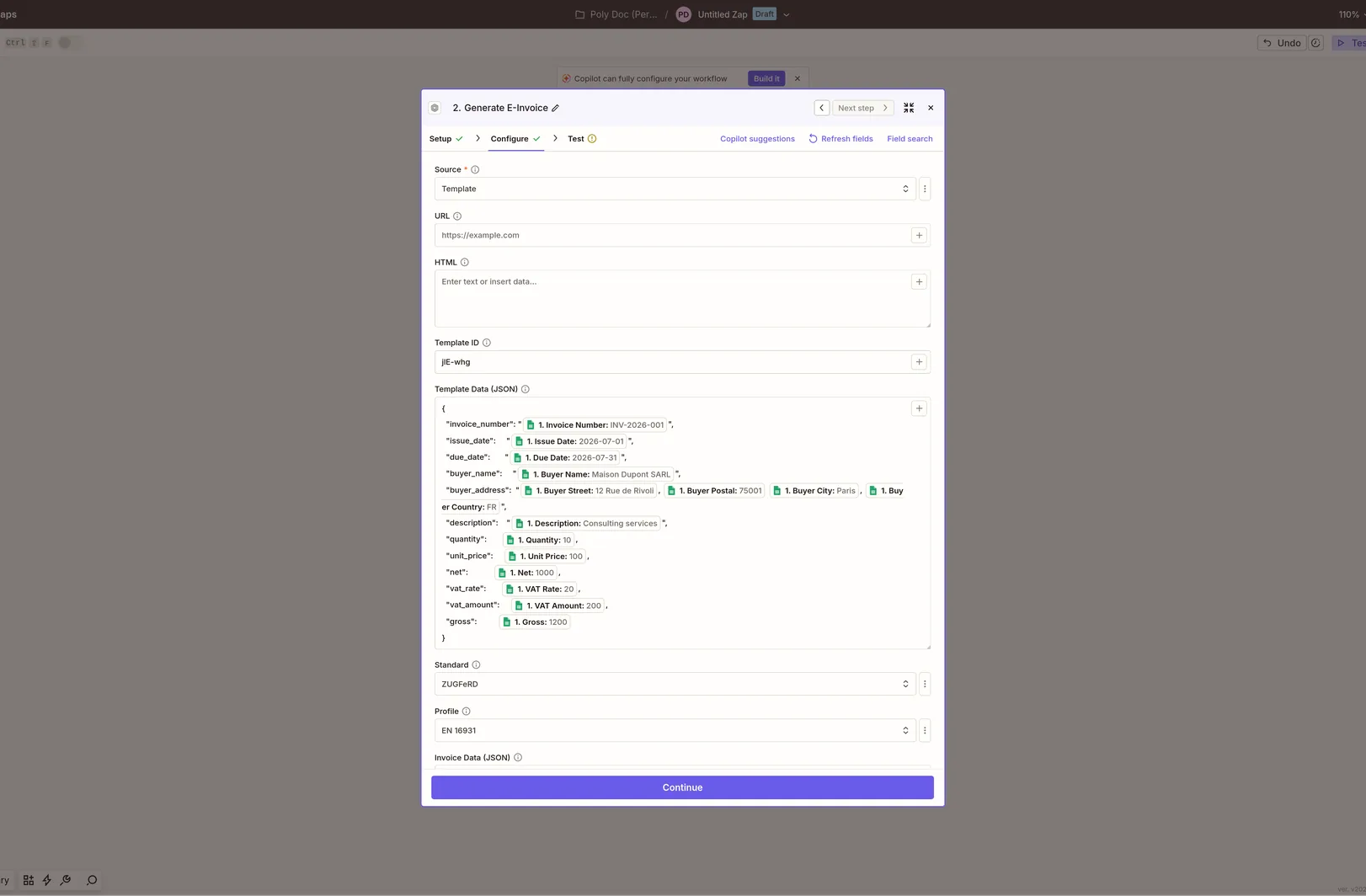 Zapier PolyDoc Generate E-Invoice action Configure tab with Source set to Template and the Template Data JSON mapped from the spreadsheet columns