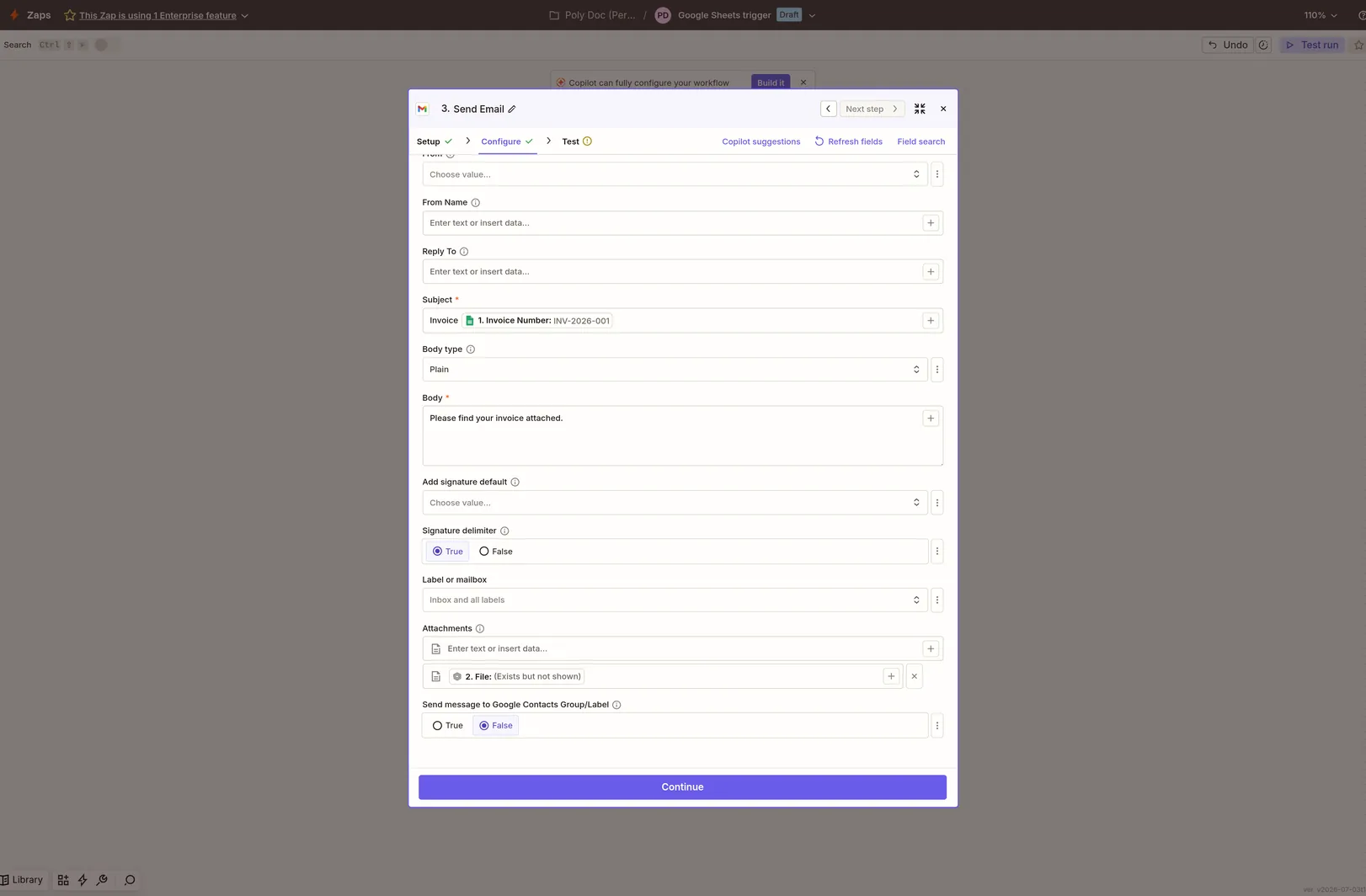 Zapier Gmail Send Email Configure tab with the Attachments field bound to the PolyDoc File output and Subject mapped to Invoice Number