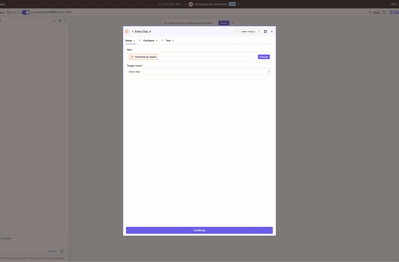 Zapier Schedule by Zapier trigger set to Every Day