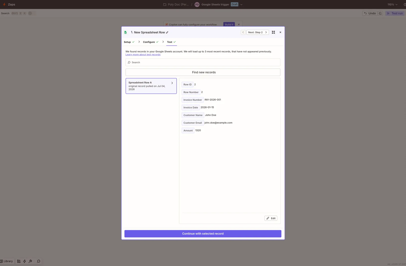 Zapier Google Sheets New Spreadsheet Row trigger with a spreadsheet and worksheet selected and a sample row pulled in from the test