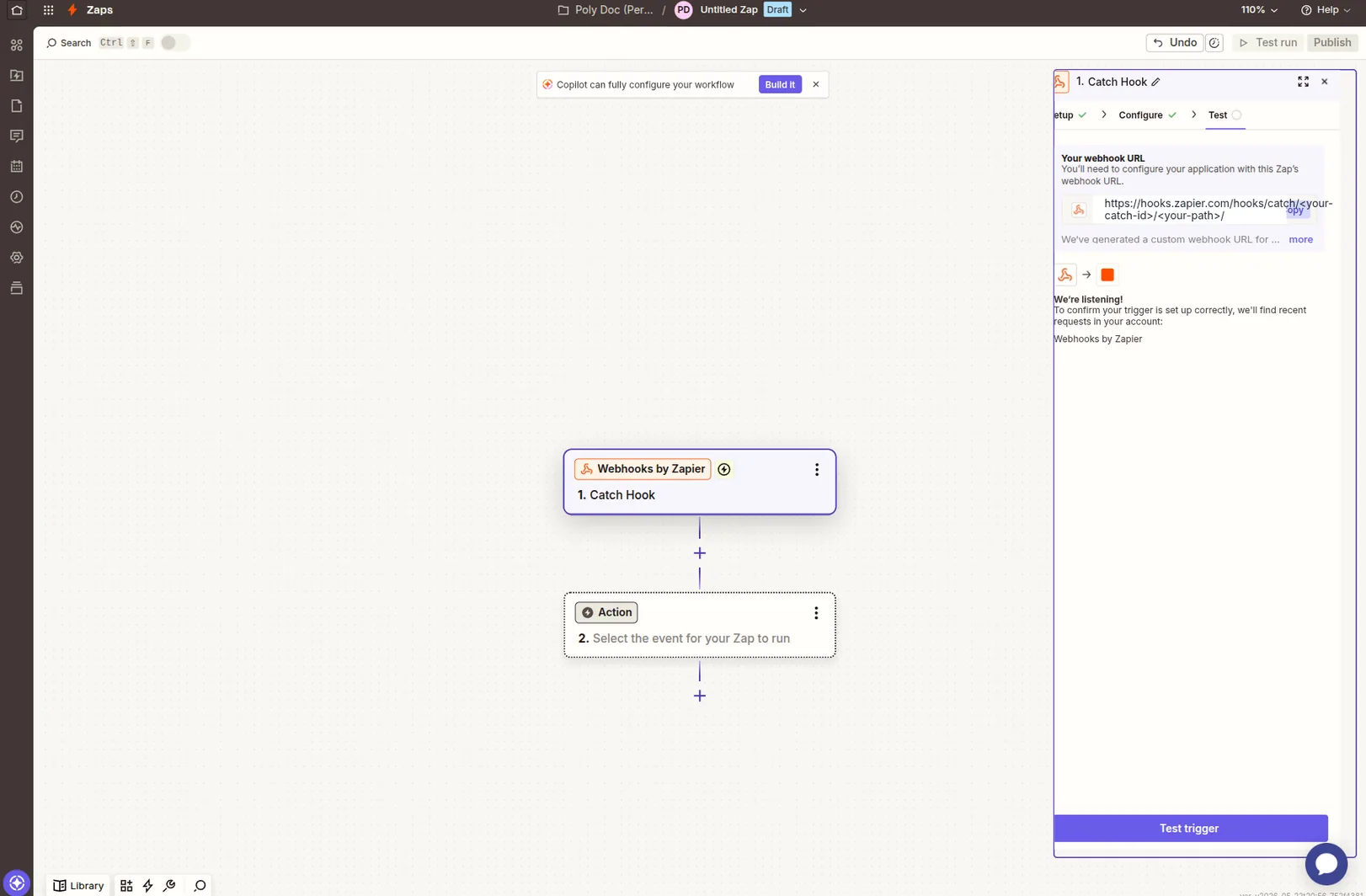 Zapier Catch Hook trigger Test step showing the unique webhook URL ready to copy