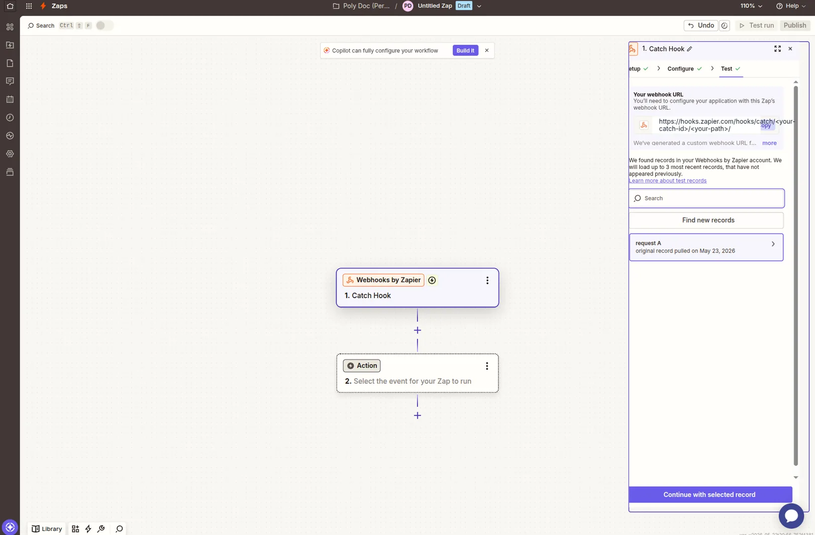 Zapier Catch Hook Test step showing the request that was caught, ready to continue