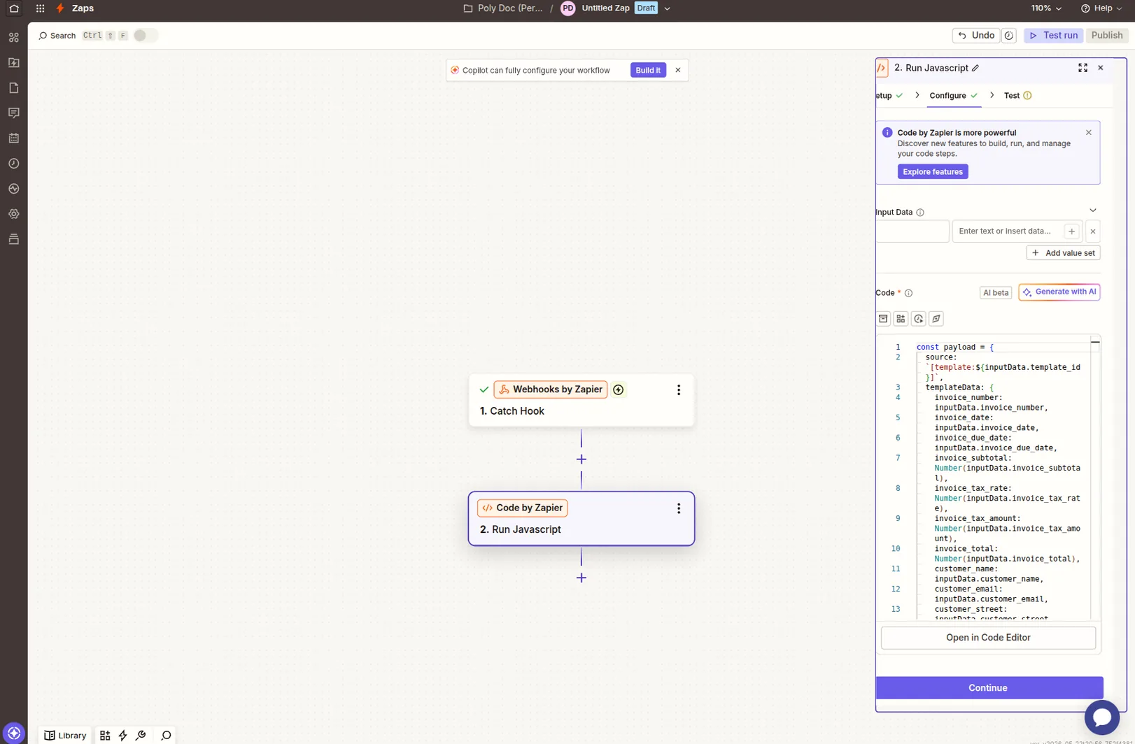 Zapier Code by Zapier Run Javascript step with the corrected payload - source uses [template:…], templateData carries all 13 invoice fields, items is JSON.parsed back into an array