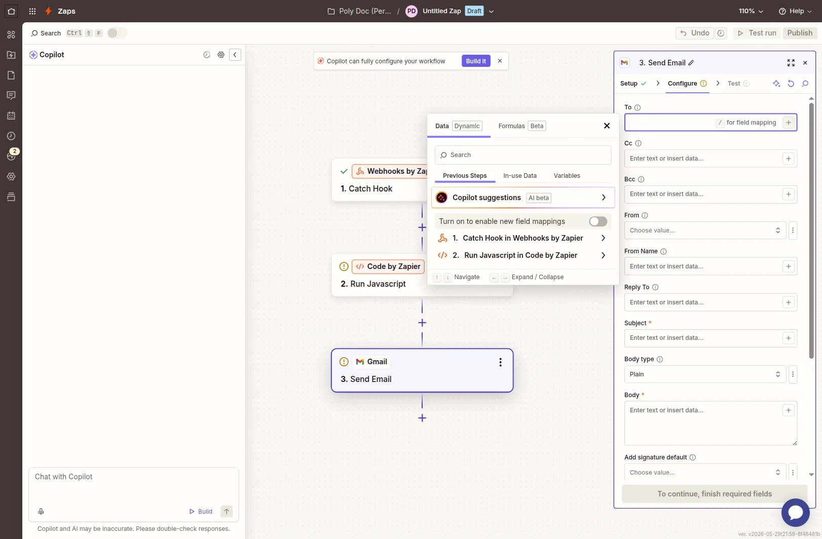 Zapier Gmail Send Email Configure tab with the variable picker open, showing Catch Hook and Code by Zapier outputs available for binding into To / Subject / Body / Attachments