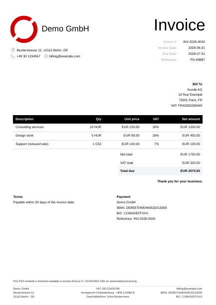 First page of the built-in E-Invoice template with placeholder data